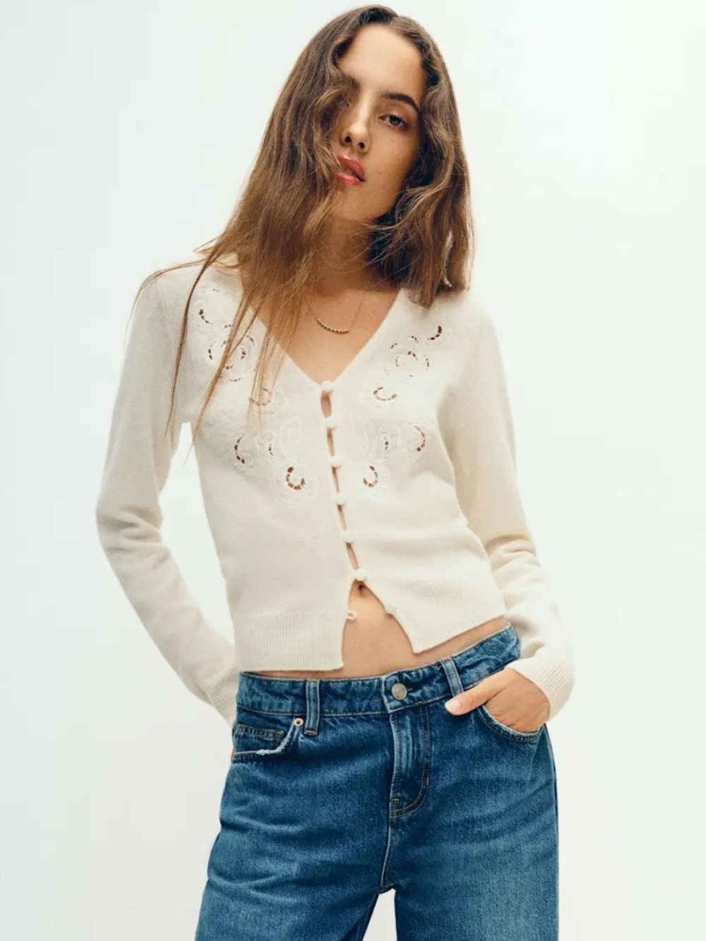 Reformation Lowen Regenerative Wool Embroidered Cardigan Ivory - Size M